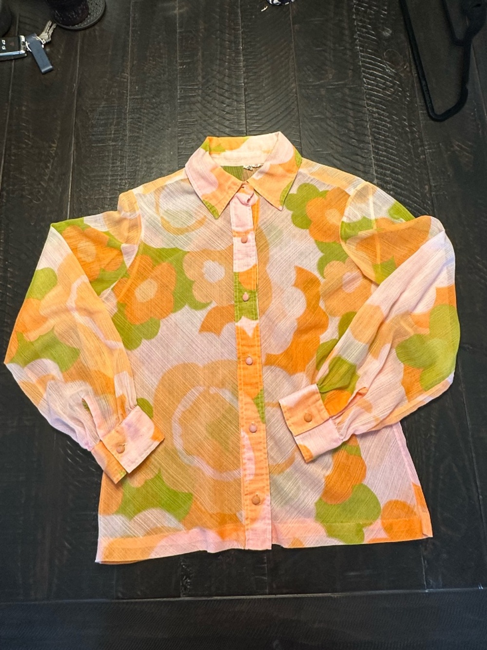 Vintage 70s Saks Fifth Avenue Sheer Floral Blouse Mod Flower Power Swirl Top